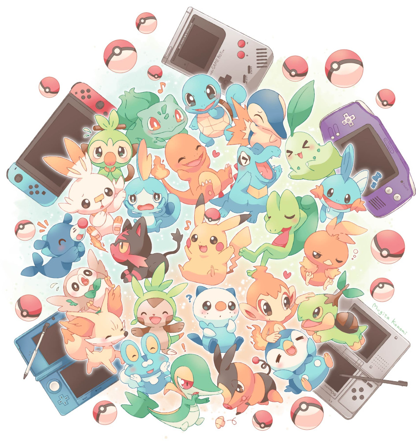 ! :d ? ^_^ bulbasaur charmander chespin chikorita chimchar closed_eyes commentary_request cyndaquil fennekin fire flame flame-tipped_tail flying_sweatdrops froakie game_boy game_boy_advance grookey handheld_game_console highres jippe litten motion_lines mudkip musical_note nintendo_3ds nintendo_ds nintendo_switch notice_lines open_mouth oshawott pikachu piplup poke_ball poke_ball_(basic) pokemon popplio rowlet scorbunny seashell shell smile snivy sobble squirtle stylus tepig tongue torchic totodile treecko turtwig