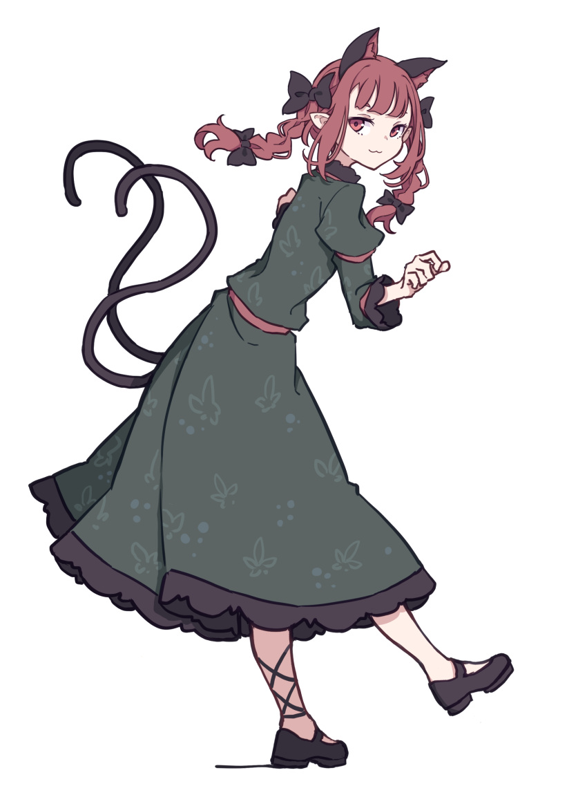 1girl :3 animal_ears bangs black_bow black_footwear black_ribbon blunt_bangs bow braid cat_ears cat_tail closed_mouth commentary dress extra_ears eyebrows_behind_hair floral_print frilled_dress frilled_sleeves frills from_side full_body green_dress hair_bow hands_up highres juliet_sleeves kaenbyou_rin kame_(kamepan44231) leaning_forward leg_ribbon long_sleeves looking_at_viewer looking_to_the_side mary_janes medium_hair multiple_tails nekomata one-hour_drawing_challenge paw_pose pointy_ears puffy_sleeves red_eyes redhead ribbon shoes simple_background solo standing standing_on_one_leg tail touhou twin_braids two_tails white_background
