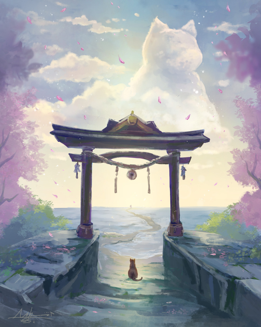 animal cat cherry_blossoms clouds commentary falling_petals from_behind genshin_impact highres nekobayashi outdoors path petals scenery shrine sky stairs torii tree