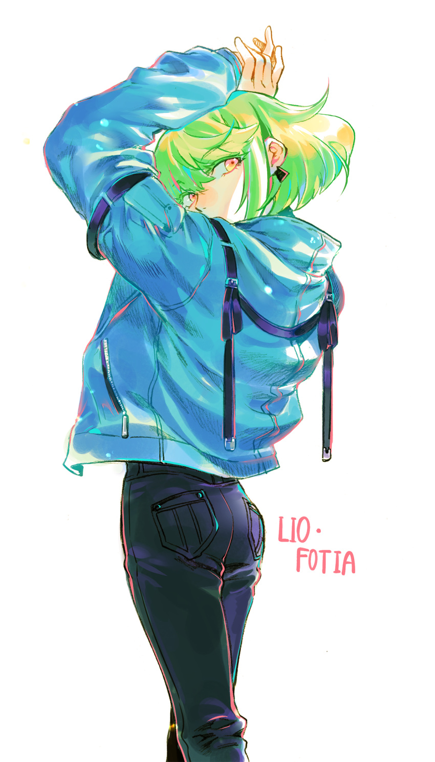 1boy 302 arms_up ass blue_jacket earrings green_hair highres jacket jewelry leather leather_pants lio_fotia male_focus otoko_no_ko pants promare solo violet_eyes yellow_eyes