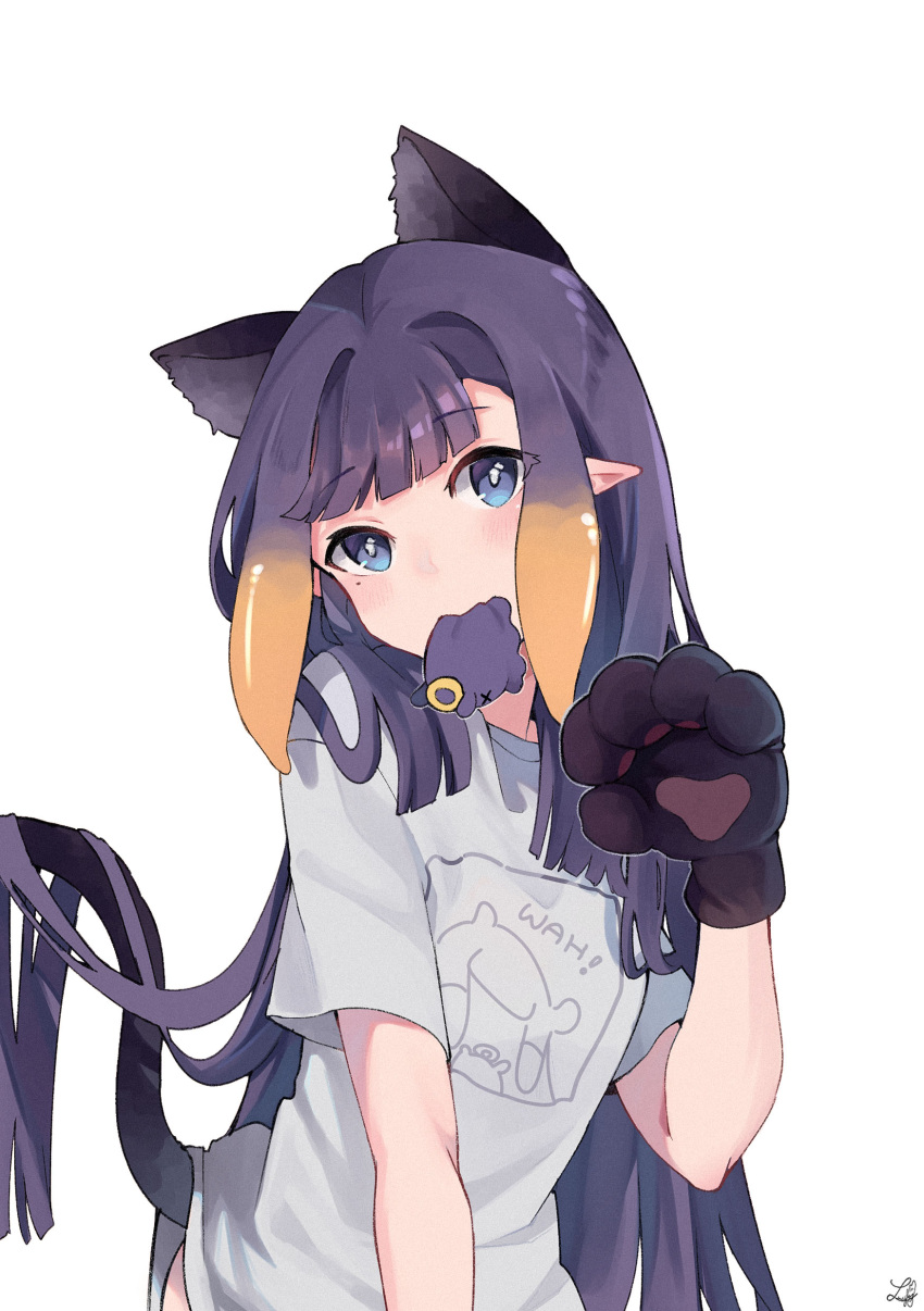 1girl absurdres animal_ears animal_hands bangs blonde_hair blue_eyes blush cat_ears cat_tail commentary extra_ears eyebrows_visible_through_hair gloves grey_shirt hand_up highres hololive hololive_english long_hair looking_at_viewer lucferz mole mole_under_eye mouth_hold multicolored_hair ninomae_ina'nis paw_gloves paw_pose pointy_ears purple_hair shirt short_sleeves simple_background solo streaked_hair tail tako_(ninomae_ina'nis) upper_body very_long_hair white_background