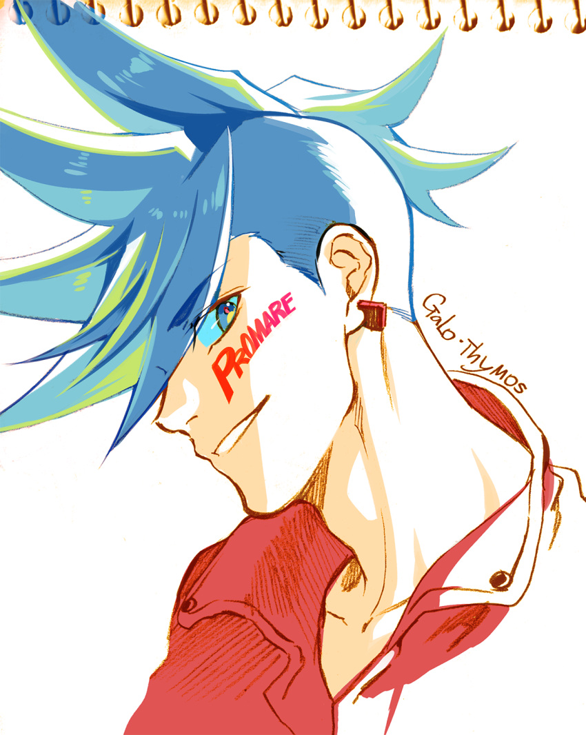 1boy 302 blue_eyes blue_hair body_writing copyright_name earrings eyes_visible_through_hair facepaint galo_thymos grin highres jewelry male_focus mixed_media profile promare sidecut smile solo spiky_hair