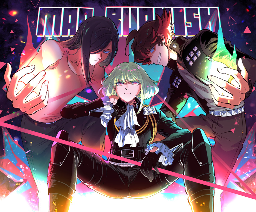 302 3boys ascot biker_clothes blue_fire blue_hair fire green_hair gueira highres jacket leather leather_jacket lio_fotia long_hair mad_burnish male_focus meis_(promare) multicolored_hair multiple_boys promare purple_fire pyrokinesis redhead redrawn sitting spread_legs two-tone_hair