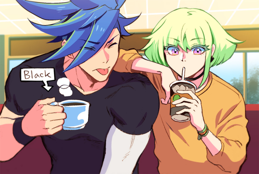 2boys 302 anime_coloring blue_hair choker coffee coffee_cup coffee_mug cup disposable_cup drinking drinking_straw galo_thymos green_hair lio_fotia male_focus mug multiple_boys promare shirt sidecut spiky_hair t-shirt tongue tongue_out violet_eyes