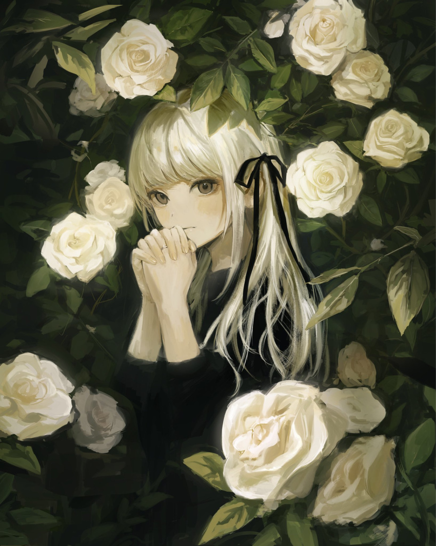 1girl bangs black_ribbon black_shirt blonde_hair blunt_bangs brown_eyes expressionless flower from_side funabashi_(iwzry) hair_ribbon hands_up highres jewelry leaf long_hair looking_at_viewer original own_hands_clasped own_hands_together ribbon ring rose shirt solo upper_body white_flower white_rose