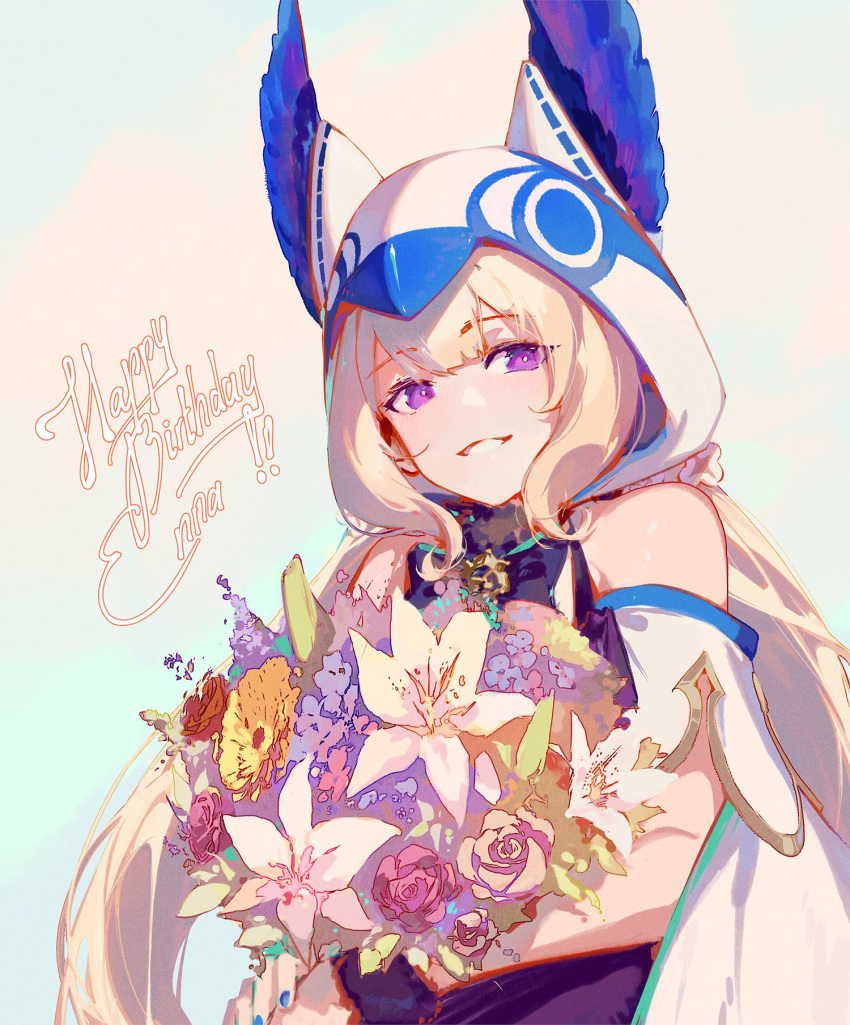 1girl 3four bare_shoulders blonde_hair blue_nails bouquet clothing_cutout commentary english_commentary enna_alouette flower happy_birthday head_wings highres holding holding_bouquet hood hood_up long_hair looking_at_viewer nail_polish nijisanji nijisanji_en parted_lips purple_flower purple_wings red_flower red_rose rose shoulder_cutout simple_background smile solo violet_eyes virtual_youtuber white_background white_flower white_rose wings