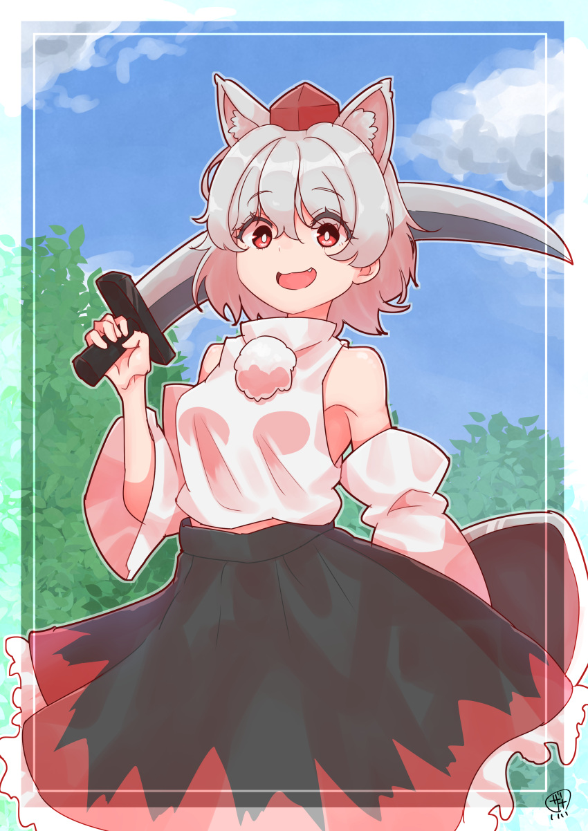 1girl :d absurdres animal_ears bangs bare_shoulders black_skirt blue_sky clouds detached_sleeves eyebrows_visible_through_hair fang frilled_skirt frills grey_hair hat highres holding holding_shield holding_sword holding_weapon inubashiri_momiji looking_at_viewer open_mouth outdoors pom_pom_(clothes) red_eyes red_headwear shield shirt short_hair skirt sky smile solo sword tokin_hat touhou weapon white_shirt wide_sleeves wolf_ears zanasta0810