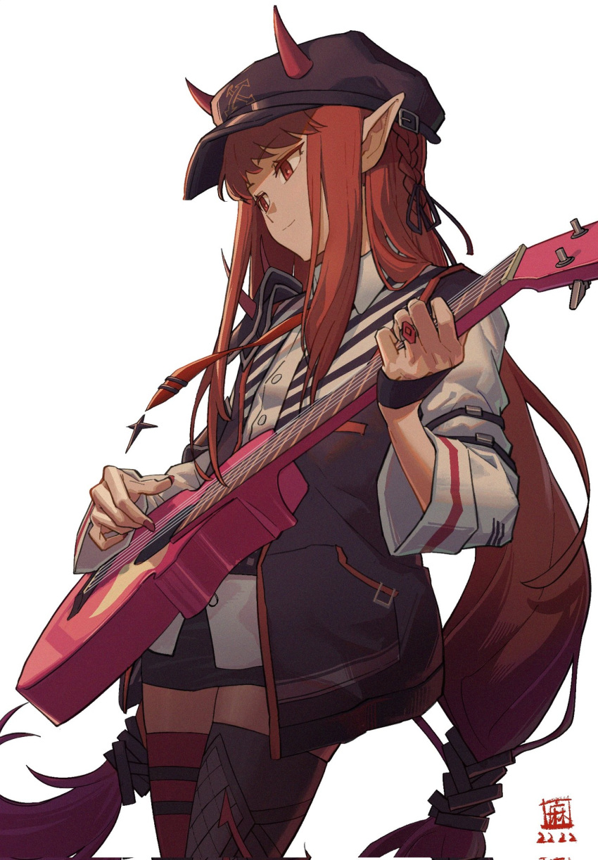 1girl arknights asymmetrical_legwear black_headwear black_legwear black_skirt black_vest braid closed_mouth guitar highres horns horns_through_headwear instrument jewelry long_hair long_sleeves low-tied_long_hair low_twintails miniskirt mismatched_legwear music nail_polish open_clothes open_vest pink_legwear playing_instrument red_eyes red_nails redhead ring shirt side_braid sidelocks skirt smile solo thigh-highs twintails very_long_hair vest vigna_(arknights) white_shirt zettai_ryouiki