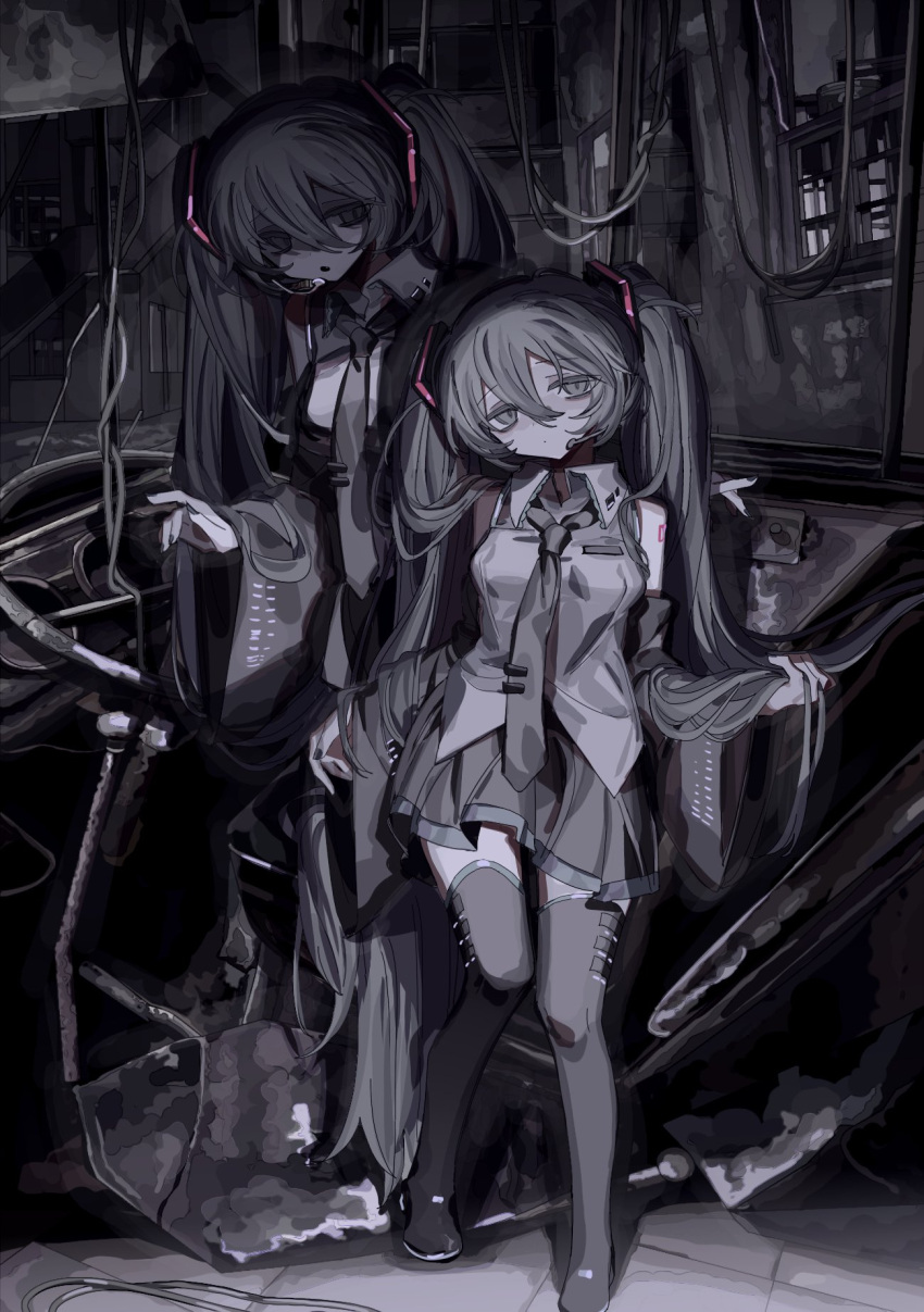 2girls bags_under_eyes bangs boots building collared_shirt dark detached_sleeves empty_eyes expressionless fang full_body glowing hair_between_eyes hair_ornament half-closed_eyes hatsune_miku head_tilt headphones headset hen10 highres holding holding_hair long_hair long_sleeves looking_at_viewer monochrome multiple_girls necktie open_mouth outdoors pleated_skirt ruins shirt skirt sleeveless spot_color standing thigh-highs thigh_boots tie_clip twintails very_long_hair vocaloid wide_sleeves window wire wreckage