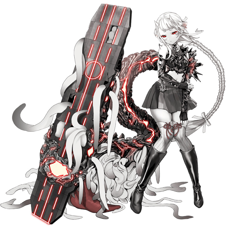 1girl abyssal_ship black_footwear black_gloves boots braid closed_mouth fingerless_gloves flight_deck full_body gloves grey_skirt horns kantai_collection knee_boots long_hair official_art pale_skin pleated_skirt red_eyes single_braid skirt solo striped striped_legwear tentacles thigh-highs transparent_background vertical-striped_legwear vertical_stripes very_long_hair white_hair white_legwear