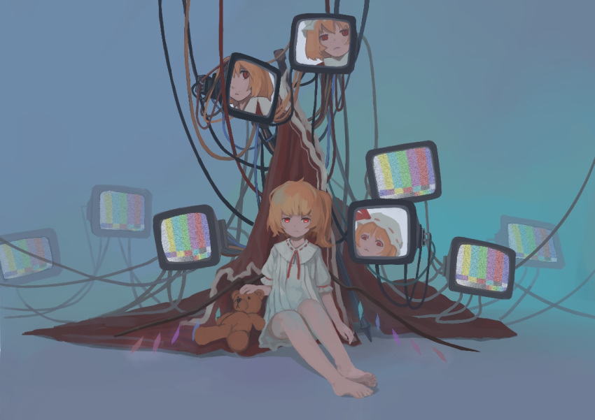 1girl :&lt; adapted_costume arm_at_side bangs barefoot blonde_hair blunt_bangs cable cloak closed_mouth collared_shirt color_bars commentary crystal flandre_scarlet frown hat hat_ribbon headpat looking_at_viewer medium_hair mob_cap neck_ribbon no_hat no_headwear on_ground one_side_up red_cloak red_eyes red_ribbon red_vest ribbon ribbon_trim shirt short_sleeves side_ponytail sitting solo static stuffed_animal stuffed_toy teddy_bear television test_card touhou vest white_headwear white_shirt wings xii_yashizhongzhan