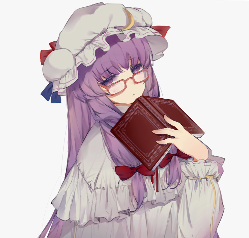 1girl :&lt; \||/ absurdres bangs bespectacled blue_ribbon blunt_bangs blush book bow closed_mouth commentary crescent crescent_hat_ornament dress eyebrows_visible_through_hair frilled_sleeves frills glasses hair_bow hands hat hat_ornament hat_ribbon highres holding holding_book long_hair long_sleeves looking_at_viewer mob_cap open_book patchouli_knowledge purple_hair red-framed_eyewear red_bow red_ribbon ribbon sidelocks simple_background sketch solo touhou upper_body very_long_hair violet_eyes white_background white_dress white_headwear yuishironeko