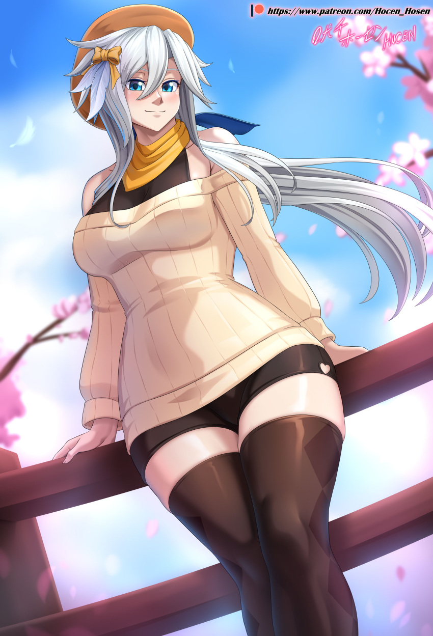 1girl absurdres bare_shoulders blue_eyes brave_frontier cherry_blossoms highres looking_at_viewer scarf sefia shorts sweater thigh-highs thighs vilde_loh_hocen white_hair