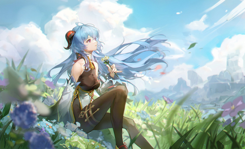 1girl ahoge bangs bare_shoulders bell black_legwear blue_hair blue_sky bow breasts clouds curled_horns detached_sleeves field flower flower_field ganyu_(genshin_impact) genshin_impact gold_trim grass highres holding holding_flower horns knee_up landscape leaf liquify666 long_hair looking_to_the_side low_ponytail medium_breasts neck_bell no_gloves outdoors parted_lips petals qingxin_flower sidelocks sitting sky smile solo thighlet very_long_hair violet_eyes white_flower white_sleeves