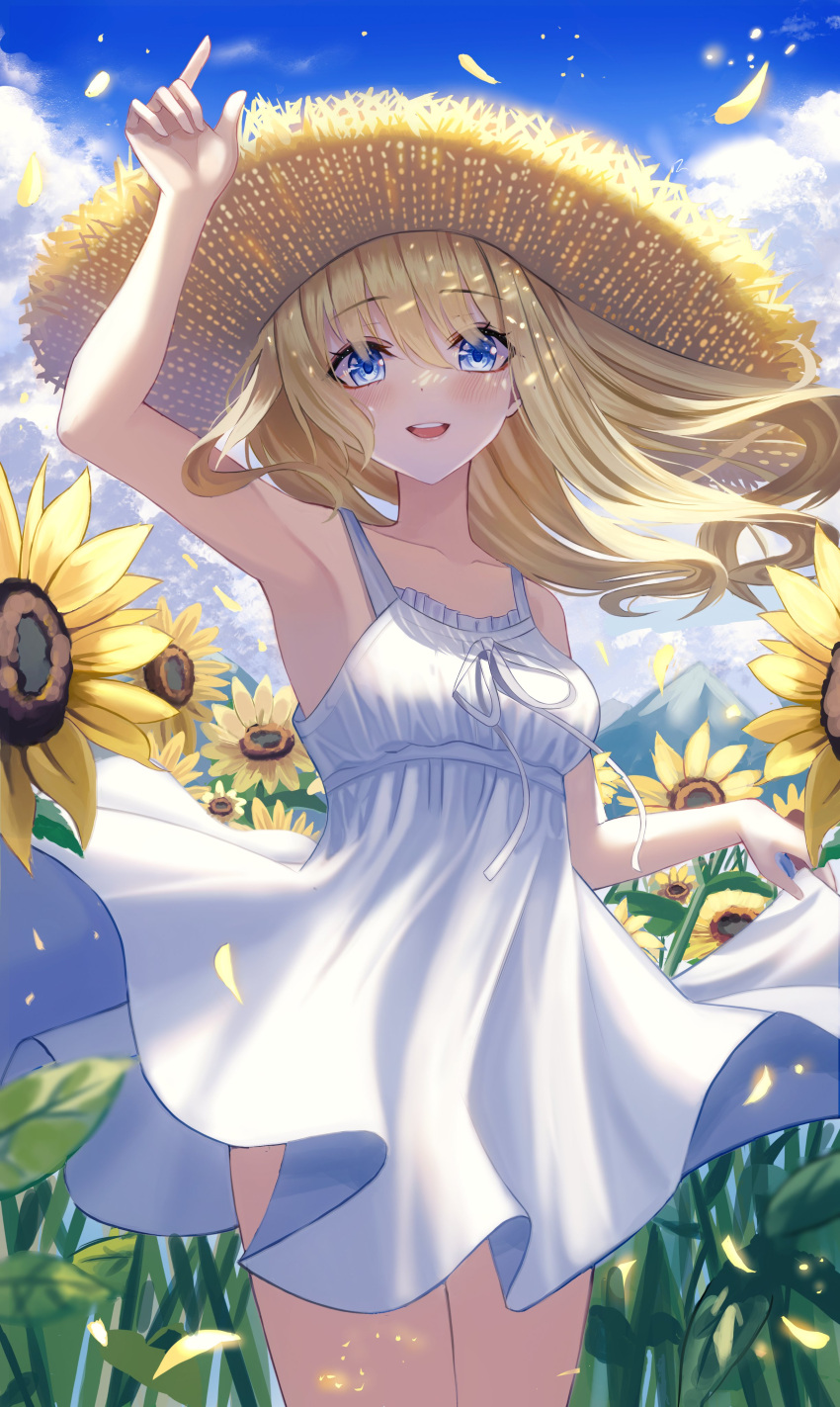 1girl :d absurdres bangs bare_shoulders blonde_hair blue_eyes blue_sky blush clouds collarbone dress flower hand_up hat highres long_hair looking_at_viewer open_mouth original outdoors petals plant poise sky sleeveless sleeveless_dress smile solo standing straw_hat sun_hat sundress sunflower white_dress yellow_flower