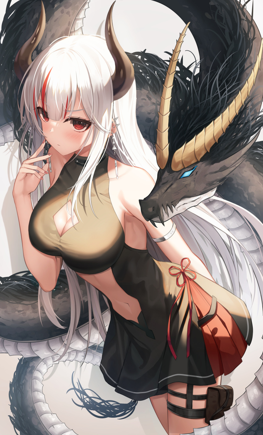 1girl absurdres arm_behind_back armlet armpits backless_dress backless_outfit black_dress blue_eyes breasts cleavage_cutout clothing_cutout commentary dragon dragon_girl dragon_horns dress earrings english_commentary hand_on_own_cheek hand_on_own_face highres horns jewelry looking_at_viewer multicolored_hair navel navel_cutout original red_eyes red_ribbon redhead ribbon scales shuvi_(shuvi1125) sideboob sleeveless white_hair