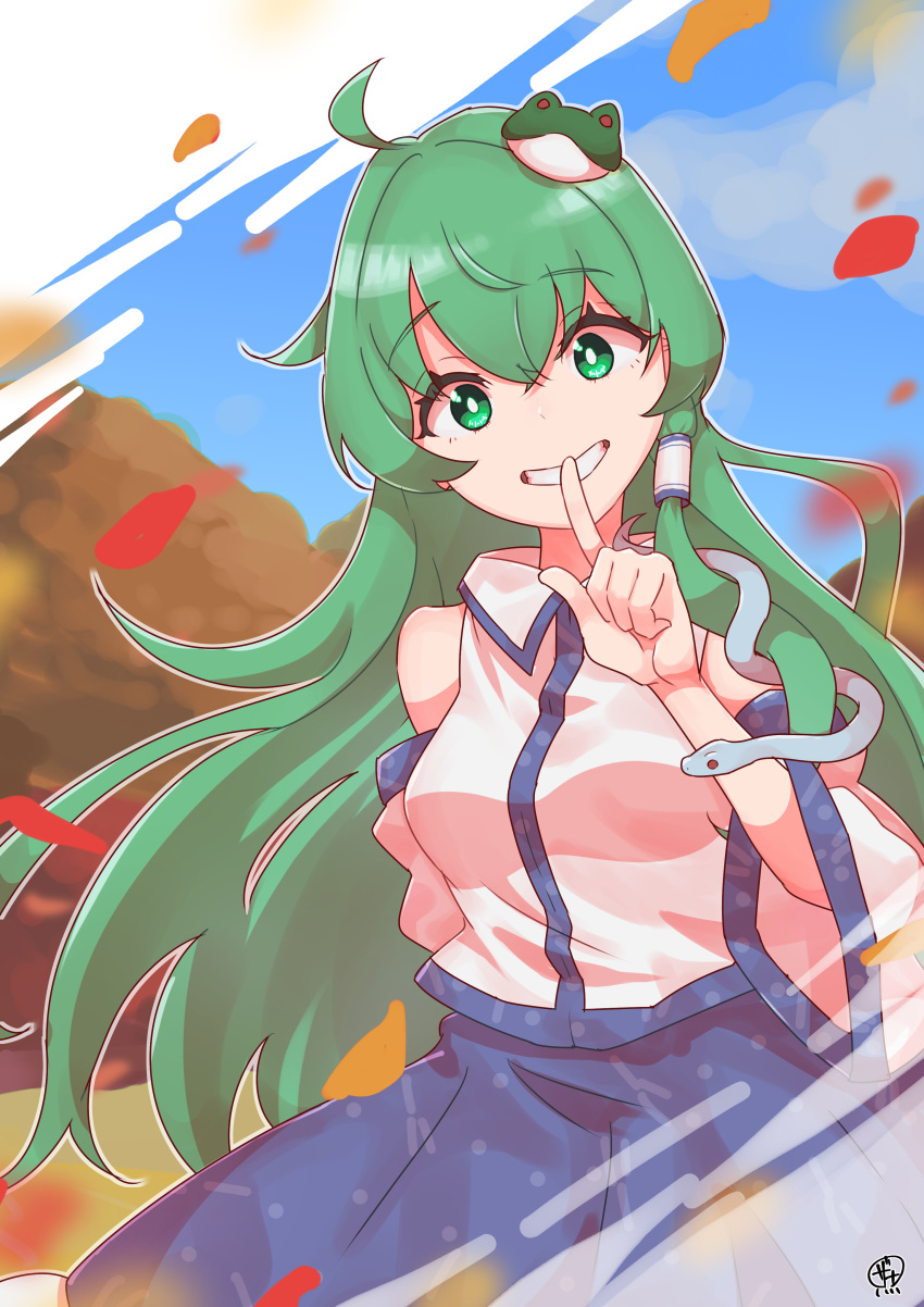 1girl absurdres ahoge bangs blue_skirt bright_pupils collared_shirt cowboy_shot detached_sleeves eyebrows_visible_through_hair finger_to_mouth frog_hair_ornament green_eyes green_hair hair_ornament hair_tubes highres index_finger_raised kochiya_sanae long_hair nontraditional_miko outdoors shirt skirt smile snake_hair_ornament solo standing touhou tree white_pupils white_shirt wide_sleeves zanasta0810