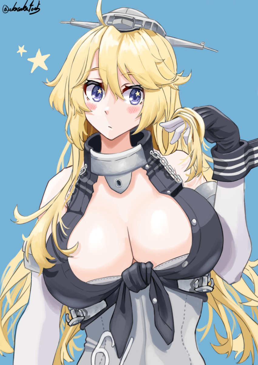 1girl akasaka4005 blonde_hair blue_background blue_eyes breasts corset elbow_gloves fingerless_gloves front-tie_top gloves headgear highres iowa_(kancolle) kantai_collection large_breasts long_hair solo star_(symbol) star_in_eye symbol_in_eye upper_body very_long_hair