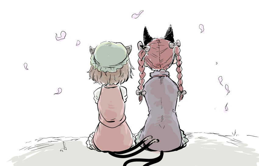 2girls animal_ears black_bow bow braid brown_hair cat_ears cat_tail chen dress extra_ears facing_away green_dress green_headwear hair_bow hair_ribbon hat highres hitodama juliet_sleeves kaenbyou_rin long_hair long_sleeves mob_cap multiple_girls multiple_tails nekomata petticoat puffy_sleeves q.a._kinshachi red_skirt red_vest redhead ribbon short_hair simple_background sitting skirt tail touhou tress_ribbon twin_braids twintails two_tails vest white_background