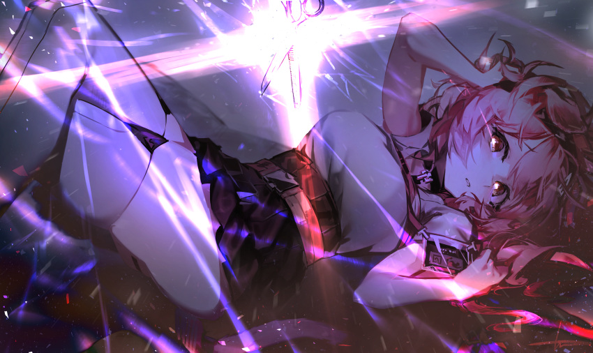 1girl absurdres animal_ears arknights arm_up black_skirt breasts cat_ears cat_girl cat_tail crossed_legs electricity from_side goldenglow_(arknights) grey_legwear hand_in_hair high-waist_skirt highres id_card knees_up lens_flare libiadan long_hair looking_at_viewer looking_to_the_side lying medium_breasts miniskirt on_back parted_lips pink_hair scissors shirt short_sleeves skirt solo tail thigh-highs underbust white_shirt yellow_eyes zettai_ryouiki
