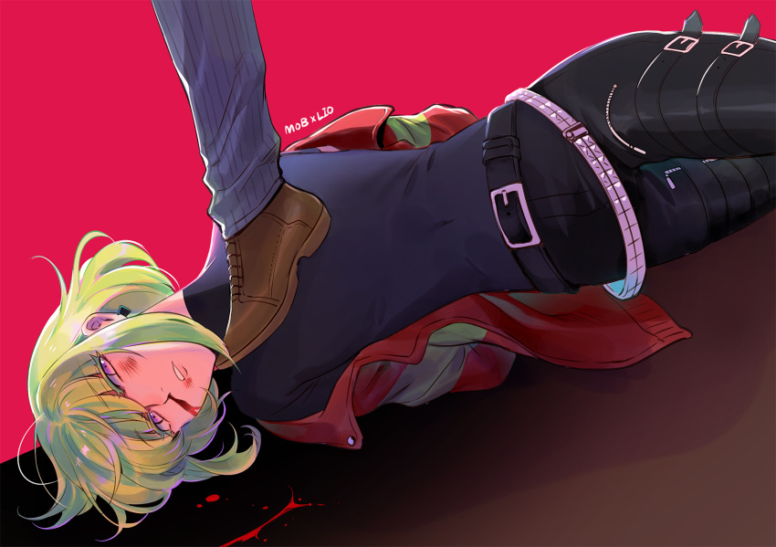 1boy 302 arms_behind_back blood firefighter_jacket green_hair highres injury leather leather_pants lio_fotia male_focus nosebleed on_floor pants pinstripe_pants pinstripe_pattern promare shirt solo_focus stepped_on striped turtleneck violet_eyes