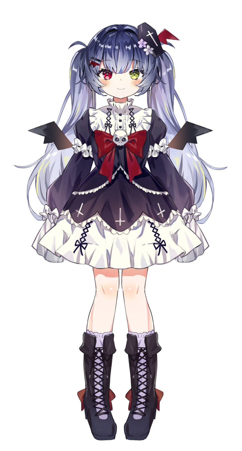 1girl absurdres bat_wings black_hair boots colored_tips dress fujii_shino gradient_hair green_eyes hair_ornament hairclip heterochromia highres indie_virtual_youtuber kuroro_shiano long_hair mini_wings multicolored_hair pale_skin red_eyes second-party_source twintails vampire virtual_youtuber white_hair wings