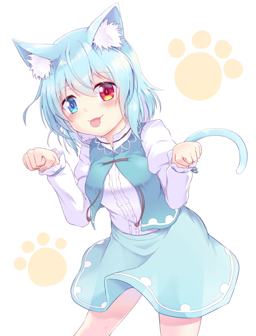 1girl animal_ear_fluff animal_ears bangs blue_eyes blue_hair blue_skirt blue_vest cat_day cat_ears cat_tail clenched_hands closed_mouth cowboy_shot eyebrows_visible_through_hair heterochromia highres juliet_sleeves long_sleeves looking_at_viewer paw_print puffy_sleeves red_eyes saisyuusensi shirt short_hair skirt smile solo standing tail tatara_kogasa tongue tongue_out touhou vest white_background white_shirt