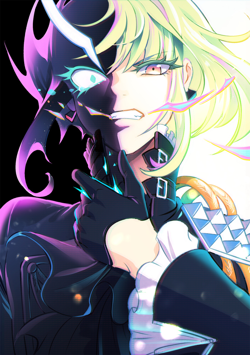 1boy 302 ascot black_skin blue_fire breathing_fire colored_eyelashes colored_skin dark_persona dual_persona fiery_hair fire gloves green_hair half_gloves highres lio_fotia male_focus promare purple_fire solo tears violet_eyes