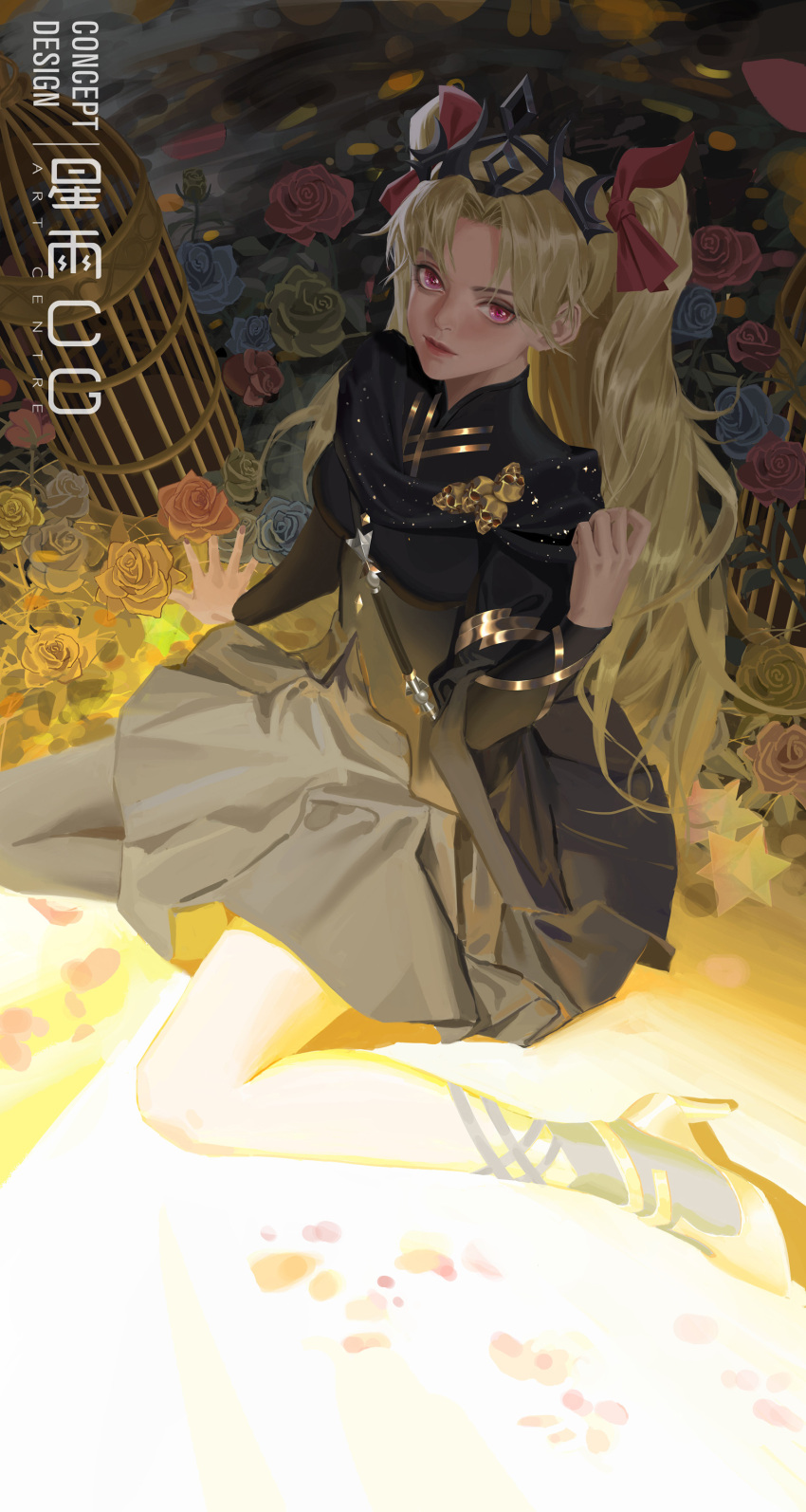 1girl absurdres artist_name artstation_username asymmetrical_legwear bangs birdcage black_dress black_legwear black_nails blonde_hair blue_flower blue_rose bow cage chinese_commentary dress earrings ereshkigal_(fate) eyebrows_visible_through_hair fate/grand_order fate_(series) fingernails flower from_side gold_footwear gold_trim hair_bow hair_ribbon hand_up high_heels highres hoop_earrings jewelry light_smile long_hair long_sleeves looking_at_viewer parted_bangs red_bow red_eyes red_ribbon ribbon rose shadow sitting solo starlab tiara two_side_up uneven_legwear very_long_hair yellow_flower yellow_rose