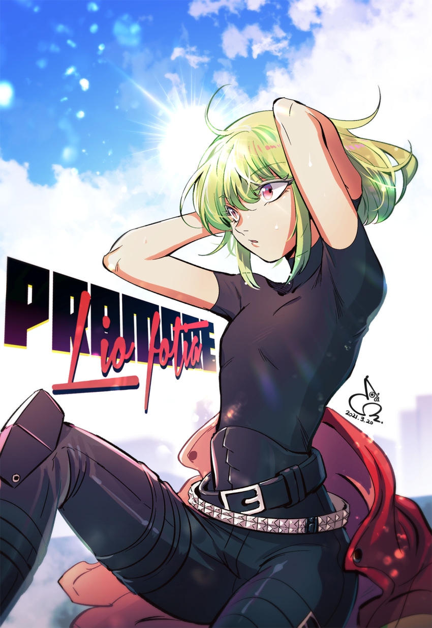 1boy 302 arms_up copyright_name green_hair hands_in_hair highres jacket jacket_removed leather leather_jacket lio_fotia male_focus promare red_jacket short_sleeves sitting sky solo turtleneck violet_eyes