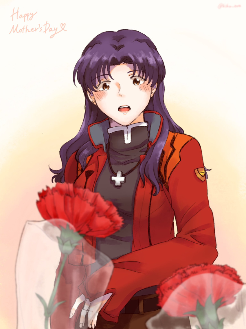 1girl blush brown_eyes cross cross_necklace earrings flower_request highres hood hoodie jewelry katsuragi_misato long_hair looking_at_viewer mother's_day necklace neon_genesis_evangelion purple_hoodie solo turtleneck uniform yanon3721