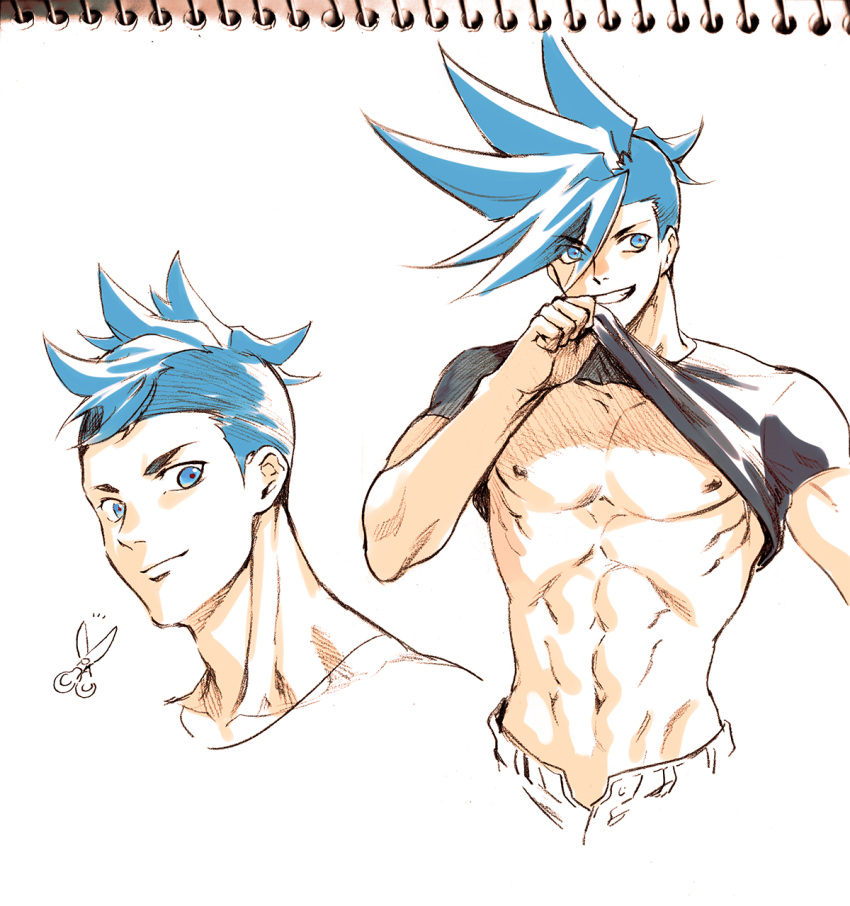 2boys 302 abs blue_eyes clothes_lift dual_persona galo_thymos highres mixed_media mohawk multiple_boys muscular muscular_male nipples promare shirt_lift short_hair sidecut smile undercut