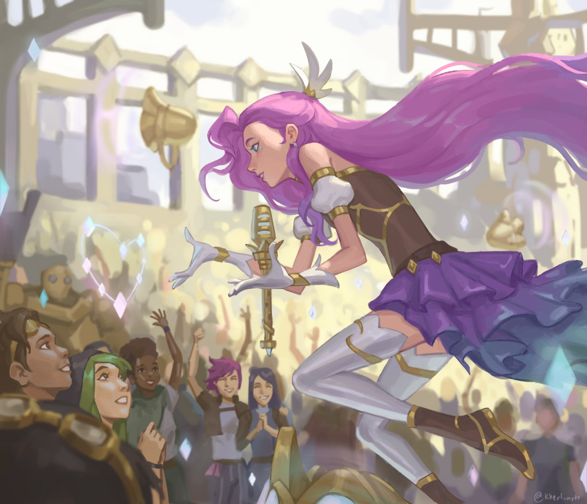 6+girls absurdres arm_up artist_name bangs blitzcrank blurry blurry_background brown_footwear brown_shirt caitlyn_(league_of_legends) crowd dark-skinned_female dark_skin earrings floating from_side gloves goggles grin hair_ornament heart highres jewelry kherl layered_skirt league_of_legends long_hair microphone multiple_girls pink_hair pink_skirt robot seraphine_(league_of_legends) shirt shoes skirt smile teeth thigh-highs vi_(league_of_legends) white_gloves white_legwear
