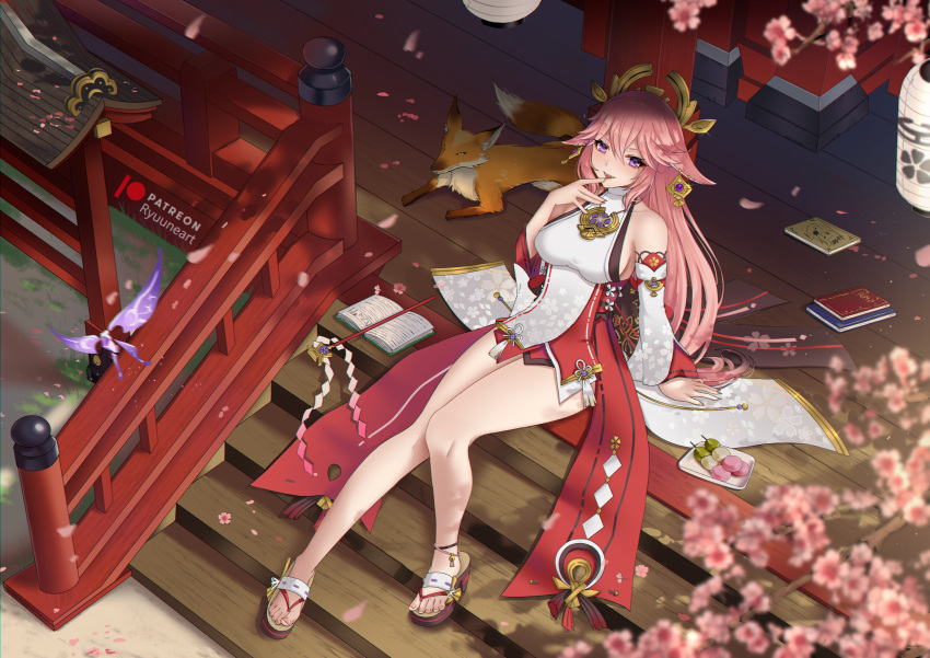 1girl absurdres animal_ears bangs bare_shoulders blush breasts detached_sleeves fox_ears genshin_impact hair_ornament highres japanese_clothes jewelry kimono large_breasts long_hair looking_at_viewer necklace pendant pink_hair red_skirt ryuuneart sidelocks skirt sleeveless sleeveless_kimono thighs very_long_hair violet_eyes white_kimono wide_sleeves yae_miko
