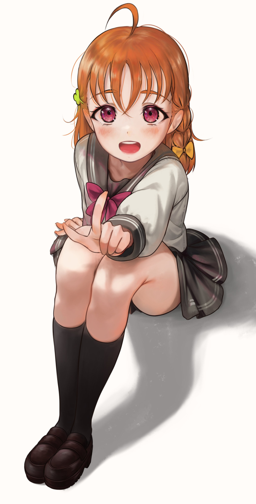 1girl absurdres ahoge bangs braid clover_hair_ornament commentary hair_ornament highres long_sleeves looking_at_viewer love_live! love_live!_sunshine!! medium_hair orange_hair pointing pointing_at_viewer red_eyes school_uniform side_braid sitting solo takami_chika torriet uranohoshi_school_uniform