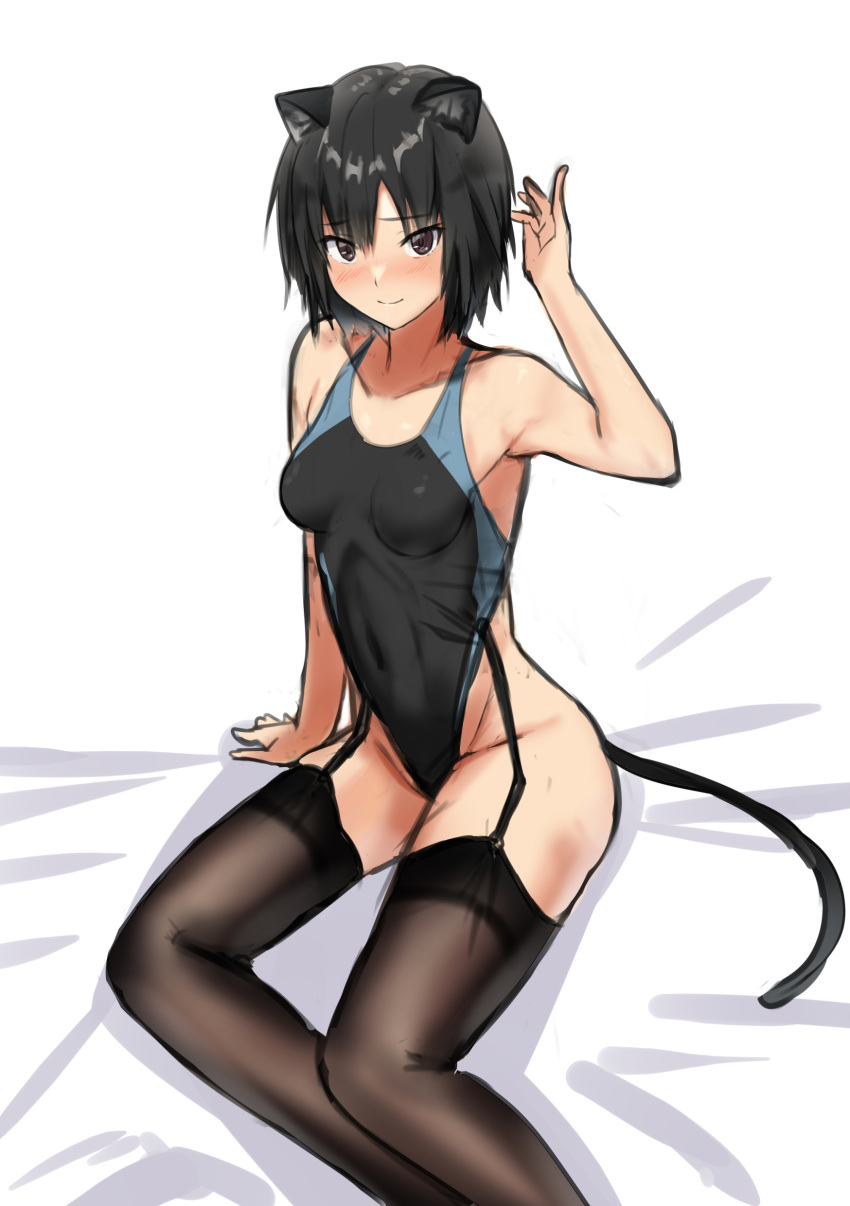 1girl absurdres amagami animal_ears armpits black_eyes black_hair black_legwear black_swimsuit bob_cut cat_day cat_ears cat_tail commentary_request competition_swimsuit feet_out_of_frame garter_straps highleg highleg_swimsuit highres nanasaki_ai one-piece_swimsuit short_hair sitting solo swimsuit tail thigh-highs ykh1028