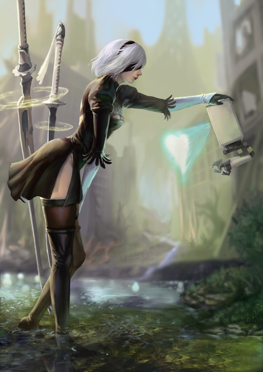 1girl absurdres black_blindfold black_dress black_hairband blindfold blurry blurry_background boots breasts cleavage_cutout clothing_cutout dress feather-trimmed_sleeves floating floating_object floating_weapon hairband hand_on_own_knee headpat heart highres hologram katana leaning_forward looking_at_another machine_(nier) nier_(series) nier_automata outdoors pod_(nier_automata) ruins sherl_rin short_hair sword thigh-highs thigh_boots thighhighs_under_boots weapon white_hair yorha_no._2_type_b