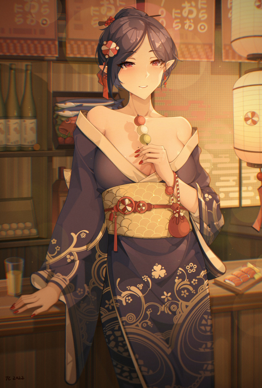 1girl absurdres bangs bare_shoulders bottle chinese_commentary collarbone earrings floral_print food forehead gold_trim hair_ornament hairpin highres indoors japanese_clothes jewelry kimono long_sleeves mole mole_under_eye off_shoulder original parted_bangs parted_lips pointy_ears pointy_nose pouch purple_hair red_eyes red_nails sake_bottle sash senjouhara_nira shadow single_earring smile solo standing sushi wagashi wide_sleeves