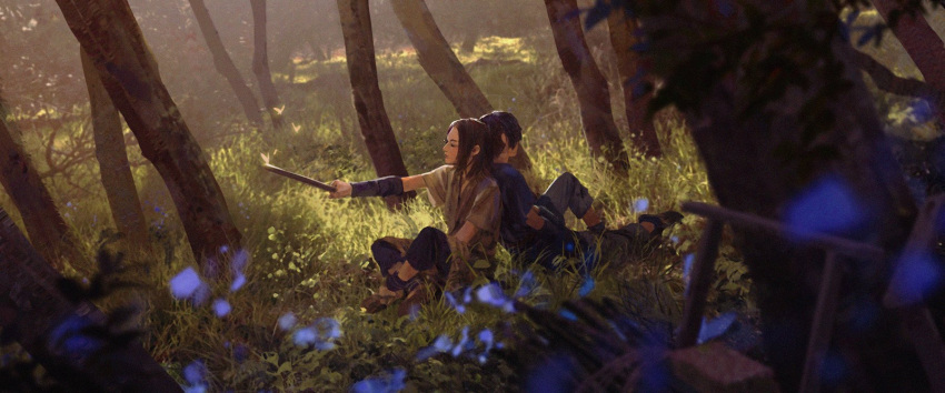 2boys arm_wrap back-to-back black_hair blue_flower brown_hair character_request chenalii commentary crossed_ankles day ei_sei_(kingdom) english_commentary flower forest grass highres holding holding_stick kingdom knee_up leaning_back leaning_on_person male_focus multiple_boys nature on_ground outstretched_arm outstretched_leg pants shin_(kingdom) shirt shoes short_hair short_sleeves sitting stick tree