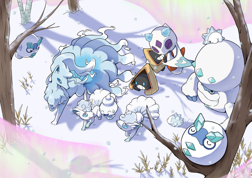 ^_^ absurdres alolan_ninetales alolan_vulpix bare_tree black_eyes closed_eyes commentary_request day evolutionary_line from_above froslass galarian_darmanitan galarian_darumaka happy highres hug on_head outdoors pokemon pokemon_(creature) pokemon_on_head q-chan smile snom snorunt snow standing teeth tree u_u vanillite