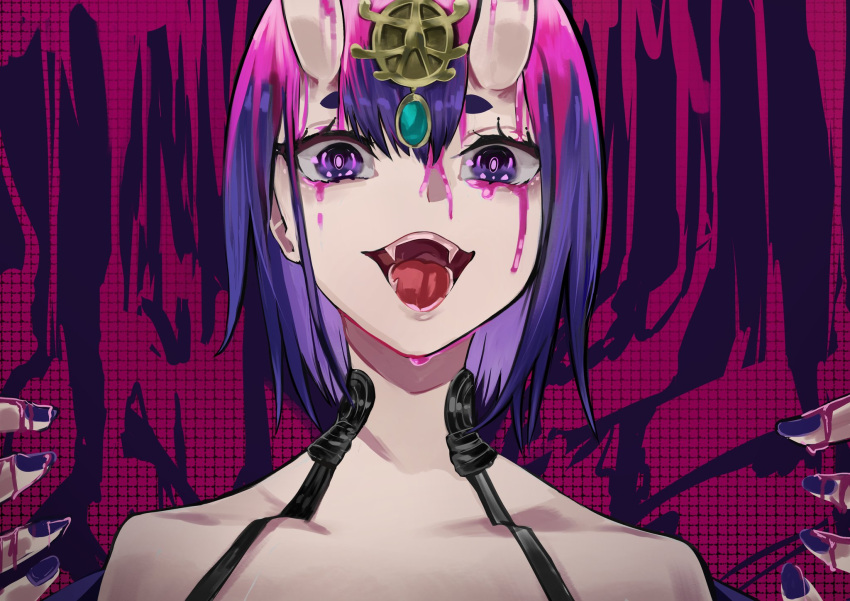 1girl bangs bare_shoulders blood bob_cut collarbone eyelashes fangs fate/grand_order fate_(series) headpiece highres horns looking_at_viewer nail_polish oni oni_horns open_mouth purple_hair san_(harutuki_3) short_eyebrows short_hair shuten_douji_(fate) skin-covered_horns smile solo violet_eyes