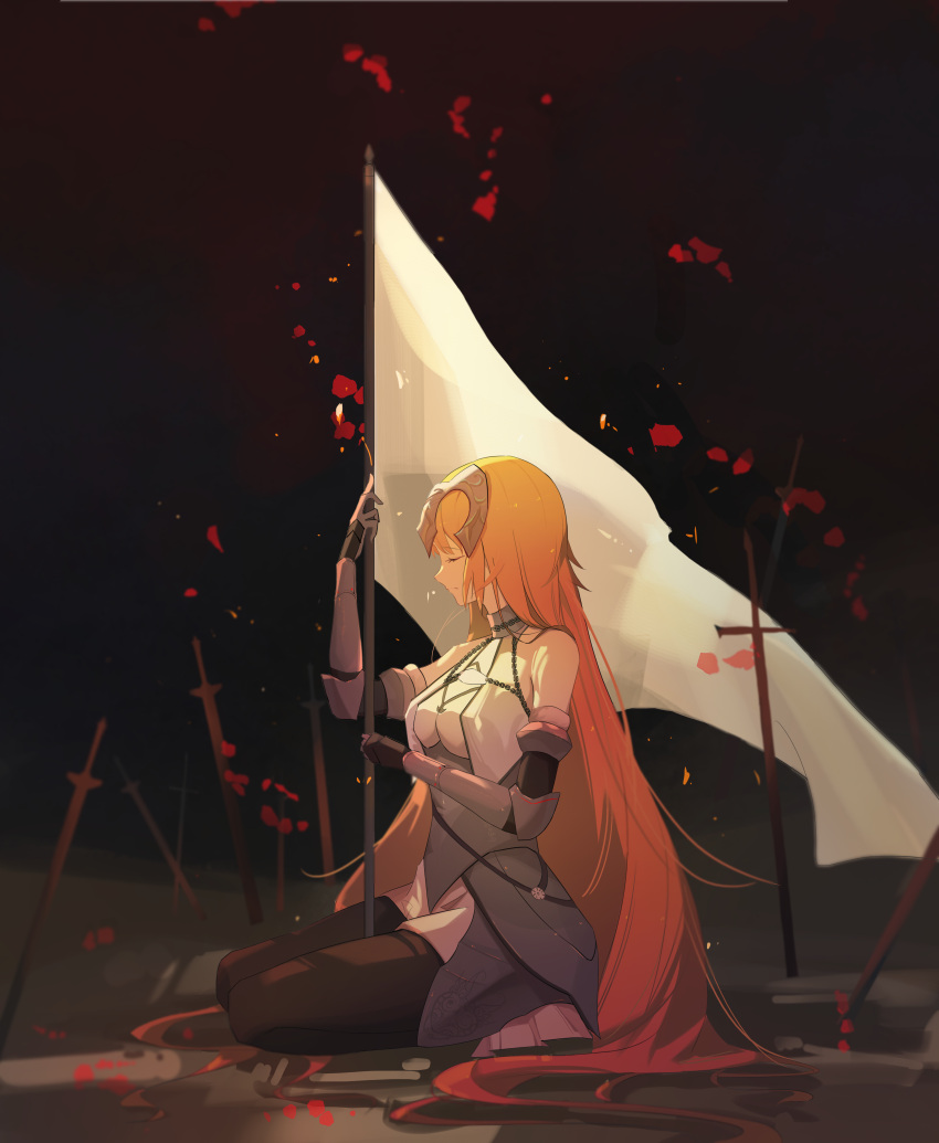 1girl absurdly_long_hair absurdres armor armored_dress banner black_legwear blonde_hair closed_eyes dress fate/apocrypha fate_(series) faulds full_body gauntlets headpiece highres holding jeanne_d'arc_(fate) jeanne_d'arc_(fate/apocrypha) long_hair planted planted_sword profile sitting solo sword very_long_hair weapon white_dress wjx724888319