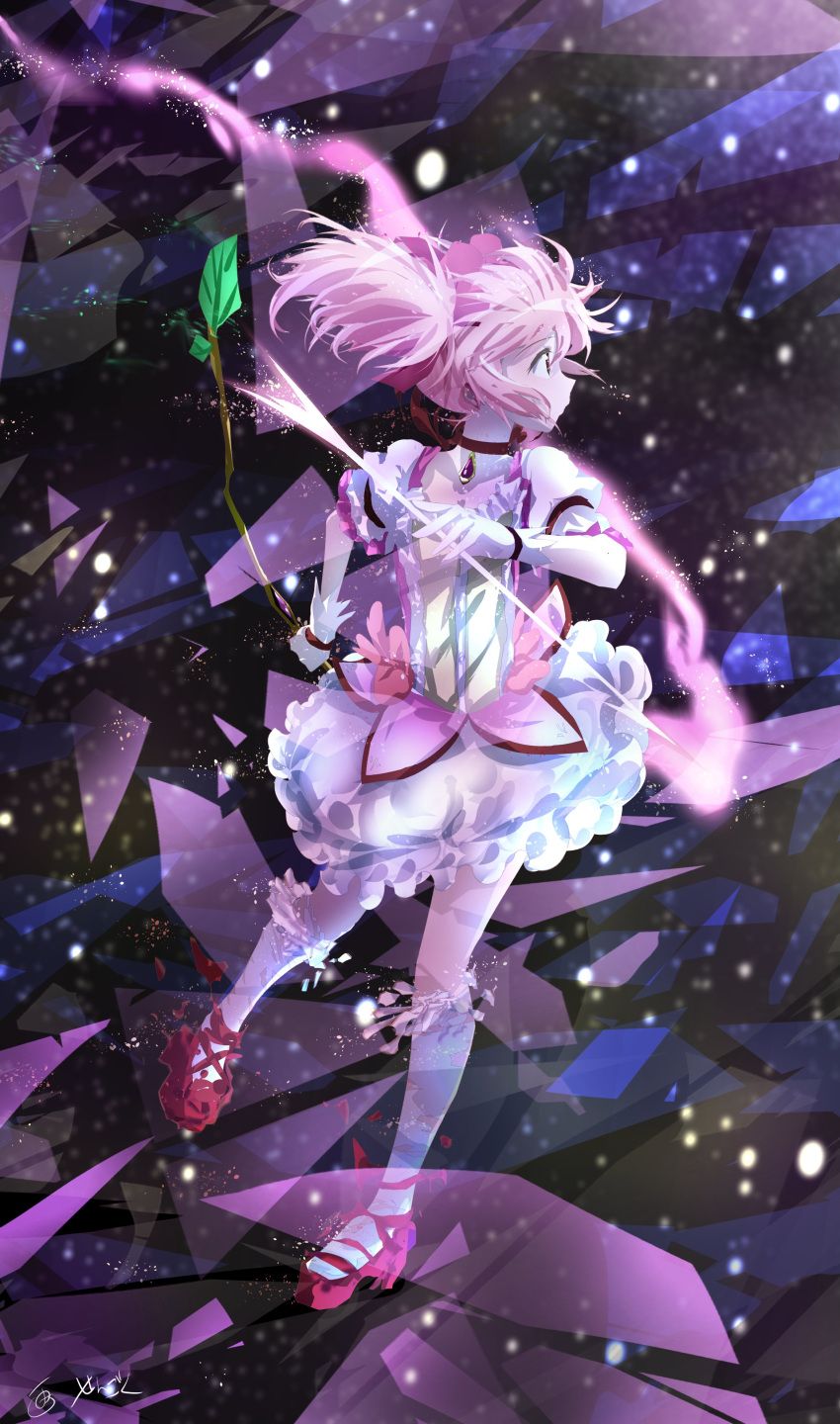 1girl absurdres arrow_(projectile) black_background blurry bokeh bow_(weapon) choker depth_of_field dress facing_to_the_side frilled_dress frills from_side gloves highres kaname_madoka kneehighs looking_to_the_side magical_girl mahou_shoujo_madoka_magica mary_janes pink_eyes pink_footwear pink_hair ribbon_choker sengoku_chidori shoes short_hair short_twintails solo twintails weapon white_gloves