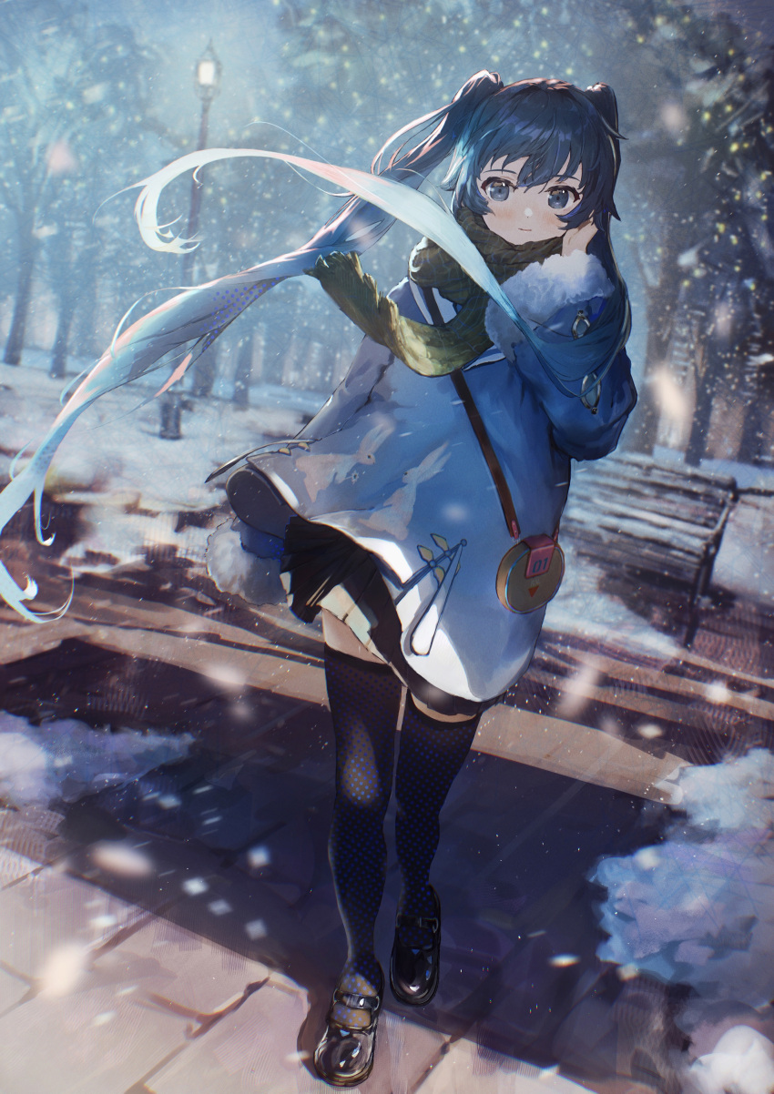 1girl absurdres bag bangs bench black_footwear black_legwear black_skirt blue_coat blue_eyes blue_hair blush closed_mouth coat commentary eyebrows_visible_through_hair full_body fur_trim hand_in_hair hand_up hatsune_miku highres hirooriginals lamppost long_hair long_sleeves looking_at_viewer mary_janes outdoors park_bench pleated_skirt scarf shoes shoulder_bag skirt snow snowing solo standing thigh-highs tree twintails very_long_hair vocaloid winter zettai_ryouiki