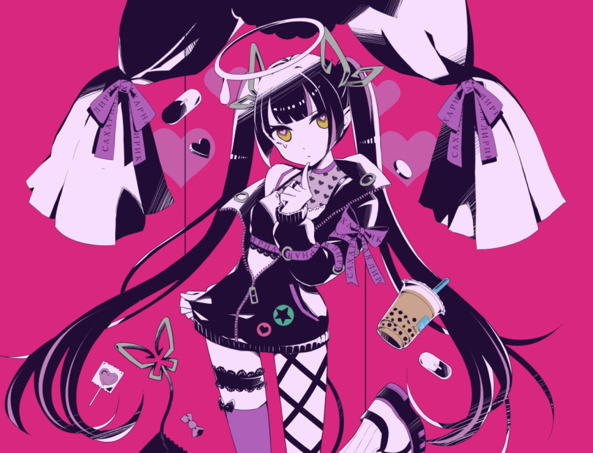 1girl badge bangs black_footwear black_hair black_jacket black_ribbon black_shirt blunt_bangs breasts bubble_tea button_badge candy closed_mouth commentary_request crop_top cross-laced_sleeves cup darling_dance_(vocaloid) demon_girl demon_horns demon_tail drinking_straw expressionless finger_to_own_chin food foot_out_of_frame heart heart-shaped_pupils heart_print horns jacket kojo_anna kuzuhana leg_ribbon leg_up lollipop long_hair long_sleeves looking_at_viewer medium_breasts multicolored_footwear multicolored_hair off_shoulder open_clothes open_jacket pill pink_background pointy_ears print_shirt purple_footwear purple_hair purple_legwear ribbon russian_text see-through_shirt shirt shoes single_thighhigh sleeveless sleeveless_shirt sneakers solo star_(symbol) sugar_lyric symbol-shaped_pupils tail thigh-highs thigh_strap twintails two-tone_hair very_long_hair virtual_youtuber white_footwear yellow_eyes zipper