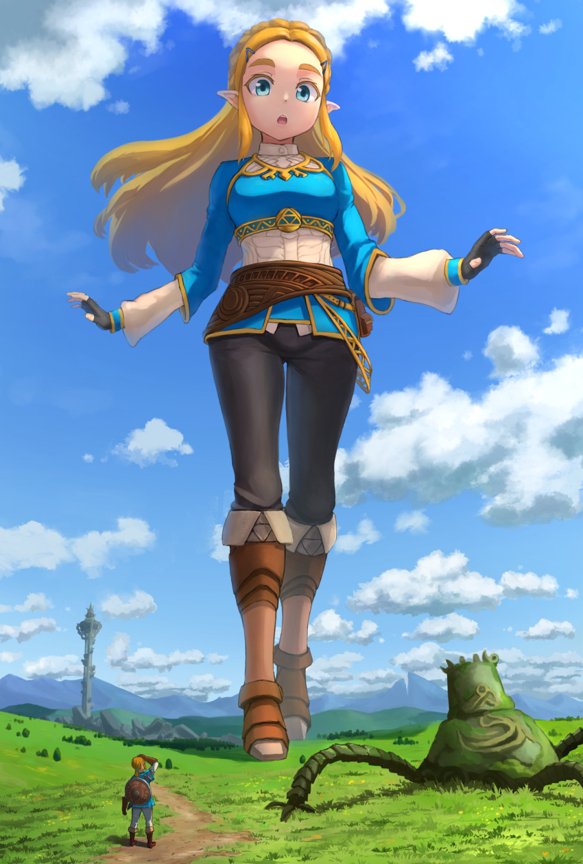 1boy 1girl blonde_hair blue_eyes braid clouds day fingerless_gloves giant giantess gloves grass guardian_(breath_of_the_wild) highres link long_hair looking_down looking_up marimo_(marimo2468) mountain open_mouth pointy_hair princess_zelda scenery sky standing the_legend_of_zelda the_legend_of_zelda:_breath_of_the_wild tower trail