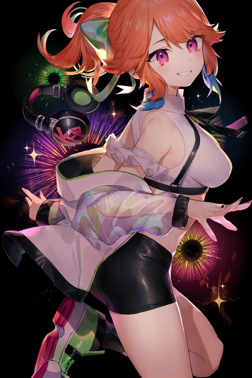 1girl absurdres arm_garter armpit_crease bare_shoulders bike_shorts black_shorts bow bowtie breasts collared_shirt crop_top from_side grin hair_bow headphones highres hololive hololive_english jacket long_sleeves medium_breasts midriff neonbeat off_shoulder open_clothes open_jacket orange_hair ponytail revealing_clothes see-through_sleeves shirt shoes short_shorts shorts sleeveless sleeveless_shirt smile sneakers socks solo takanashi_kiara thighs violet_eyes virtual_youtuber white_jacket white_shirt