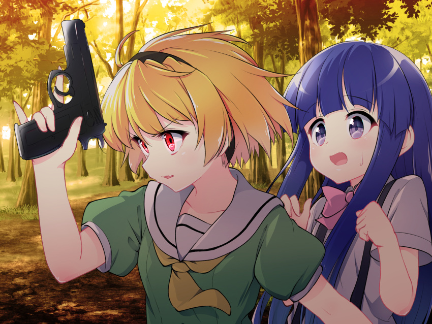 2girls ahoge bangs black_hairband blonde_hair blue_eyes blue_hair blunt_bangs bow bowtie collarbone commentary dress eyebrows_visible_through_hair fang forest furude_rika green_dress gun hairband hand_up handgun hazumi_otoya highres higurashi_no_naku_koro_ni holding holding_gun holding_weapon houjou_satoko long_hair looking_at_another multiple_girls nature neckerchief open_mouth outdoors parted_lips pink_bow pink_bowtie pinky_out pistol puffy_short_sleeves puffy_sleeves red_eyes sailor_collar serious shiny shiny_hair shirt short_hair short_sleeves skin_fang surprised suspenders sweatdrop tree trigger_discipline upper_body v-shaped_eyebrows weapon white_sailor_collar white_shirt yellow_neckerchief