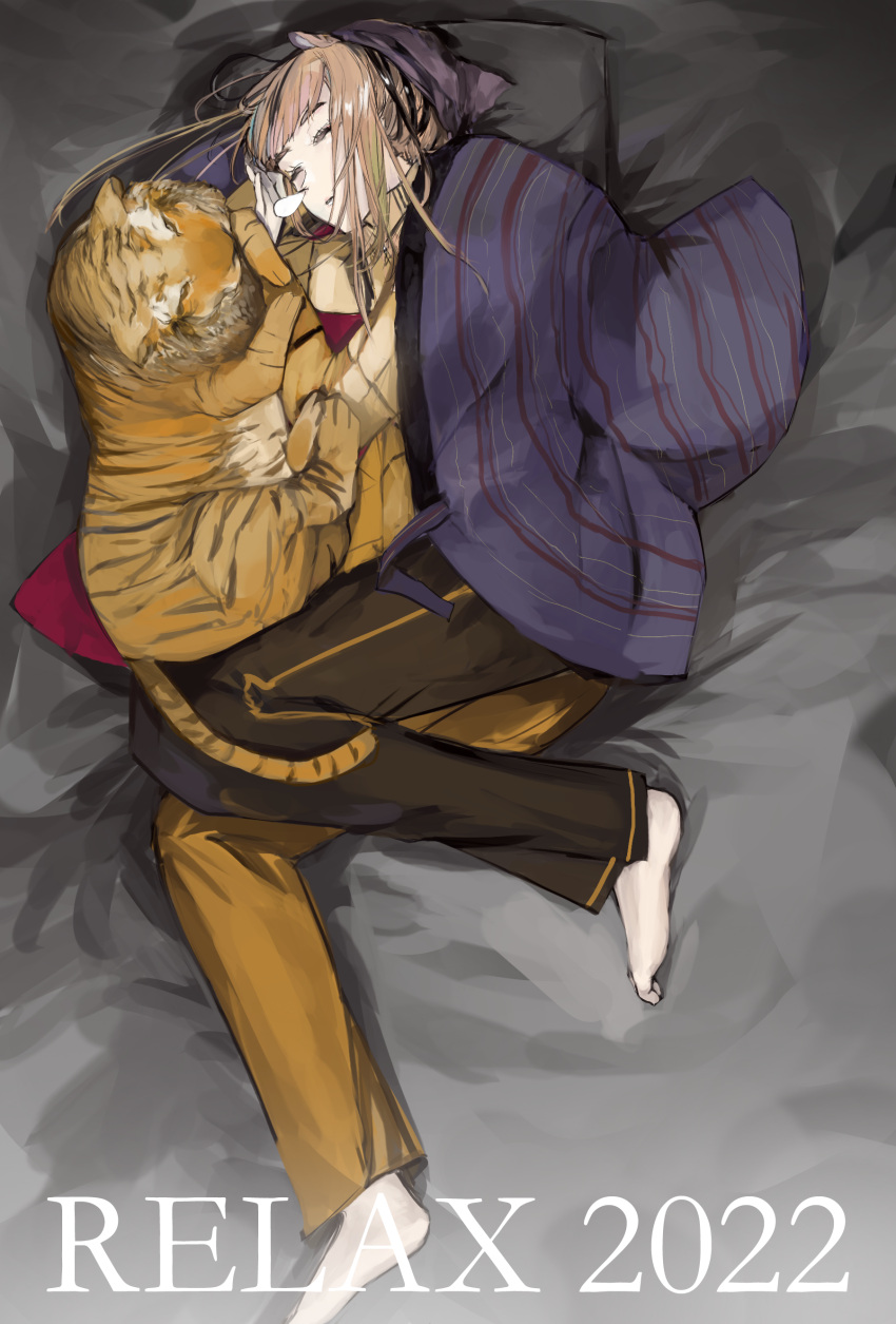1girl 2022 absurdres animal_ears bangs barefoot bed_sheet brown_hair chinese_zodiac closed_eyes commentary from_above highres long_hair lying multicolored_pants on_side original parted_lips pillow sleeping solo tiger tiger_ears year_of_the_tiger yorurokujuu
