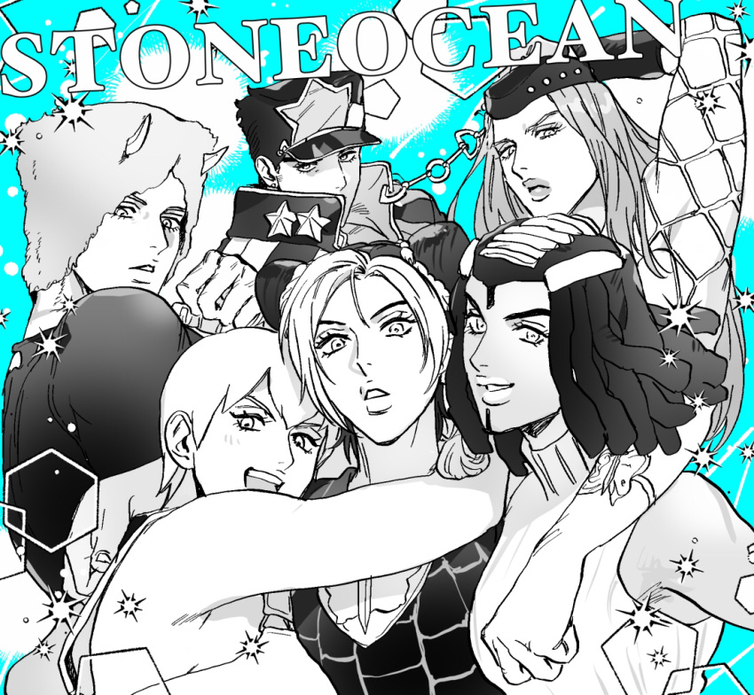 3boys 3girls butterfly_tattoo chain ermes_costello fishnet_top fishnets foo_fighters fur_hat hairlocs hat horns hug jojo_no_kimyou_na_bouken kujo_jolyne kujo_jotaro long_coat monochrome multiple_boys multiple_girls narciso_anasui nitako spider_web_print stone_ocean tattoo weather_report